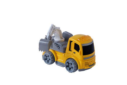 Industrial yellow loader truck toy, plaything for kid learning about construction site work and logistic work