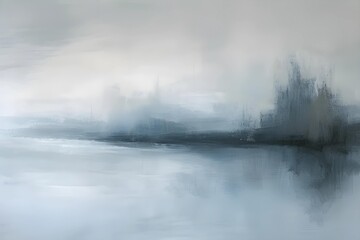 Ethereal abstract art captures essence of misty morning, blending soft greys and blues with delicate, wispy forms.