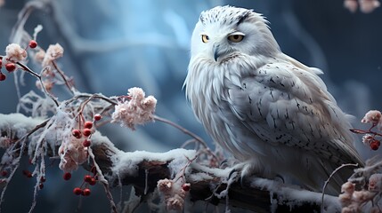 A snowy owl perched on a frost-covered branch, its feathers blending with the winter landscape, with the soft glow of the moon
