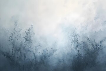 Ethereal abstract art captures essence of misty morning, blending soft greys and blues with delicate, wispy forms.