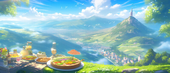 a table with food and drinks on it overlooking a mountain