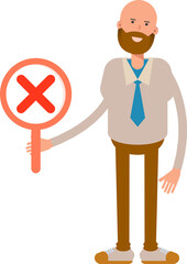 Bald Businessman Character Showing Wrong Mark
