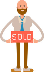 Bald Businessman Character Holding Sold Signage
