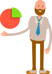 Bald Businessman Character Holding Pie Chart
