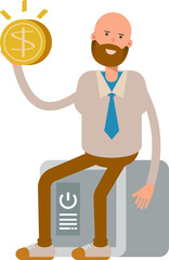 Bald Businessman Character Sitting on Safe and Holding Dollar Coin
