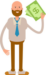 Bald Businessman Character Holding Dollar Banknotes
