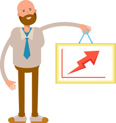 Bald Businessman Character Holding Arrow Chart
