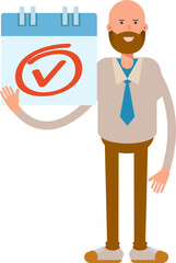Bald Businessman Character and Check Mark Sign

