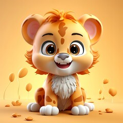 flat logo of Cute baby lion with big eyes lovely little animal 3d rendering cartoon character 