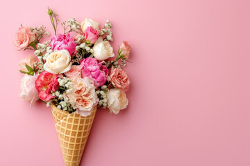 Waffle cone with spring flower arrangement on a pink background. Top view.