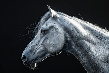 horse profile portrait on black background - generative ai