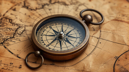 Fototapeta na wymiar Elegant Antique Compass on an Aged Map