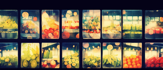 a many pictures of a bunch of fruit in a store
