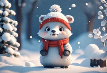 cute animal, winter time with snow, 