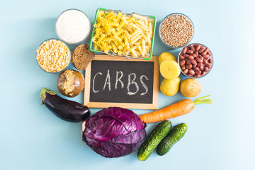 Foods containing complex carbohydrates and the label "carbohydrates" place for text
