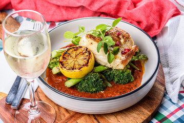 Grilled Barramundi with a side of broccoli and asparagus, served in a white round bowl with grilled lemon and a white wine.