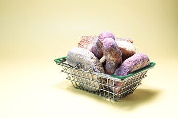 A full basket of semi-finished products in close-up on a light background.