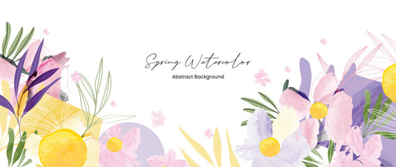 Abstract spring floral art background vector illustration. Watercolor hand painted botanical flower, leaves and nature background. Design for wallpaper, poster, banner, card, print, web and packaging. - 733604111
