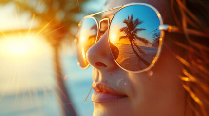 Closeup of the reflections of palm trees at the beach in the sunglasses of a pretty girl looking off to the side in the summer - obrazy, fototapety, plakaty