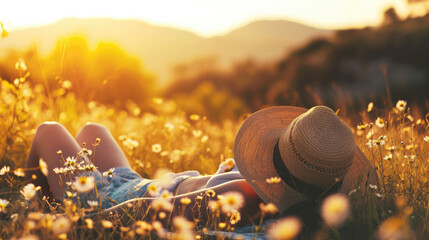 Girl relaxing on her back in a peaceful, serene meadow in the golden summer sun, copy space