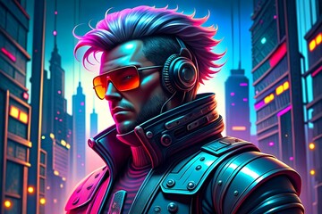 Cyberpunk character in neon lights illuminate futuristic cityscapes, blending high-tech advancements with gritty urban landscapes, Generative AI