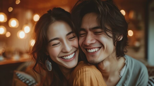 Asian young couple smile and laughing with positive emotion and loving together at warmth place.