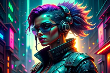 Cyberpunk character in neon lights illuminate futuristic cityscapes, blending high-tech advancements with gritty urban landscapes, Generative AI