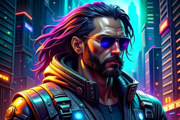 Cyberpunk character in neon lights illuminate futuristic cityscapes, blending high-tech advancements with gritty urban landscapes, Generative AI