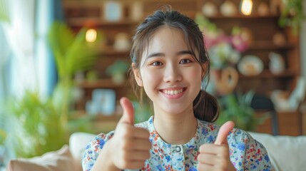 Beautiful young Asian woman showing thumbs up OK gesture smile with positive emotional at home. Attractive female making okay hand sign or say yes happiness and cheerful.