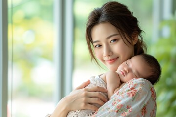 Happy Asian mother holding a cute newborn baby sleep on arm comfort and safety. Happy infant baby sleep with mother standing near windows warm and relax. Good moment.