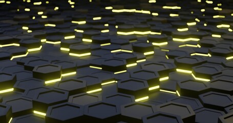 Fototapeta premium 3d polygons elegant black yellow light night. elegant background. technology. abstract hexagon