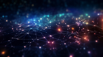 ライトアップされた光ファイバー接続、量子コンピューティング・ネットワーク・システム、電子的グローバル・インテリジェンスを背景にした抽象的な技術背景