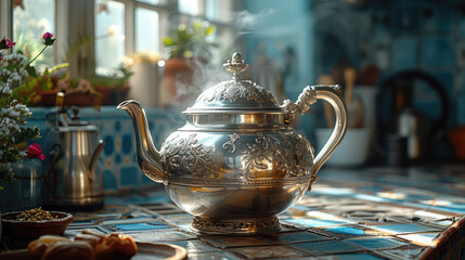Victorian Elegance: Silver Teapot Tea Steeping