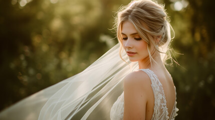 Portrait of a blonde bride with a veil in a beautiful green park.