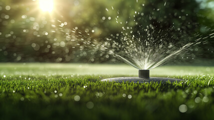 sprinkler spraying water on grass - obrazy, fototapety, plakaty