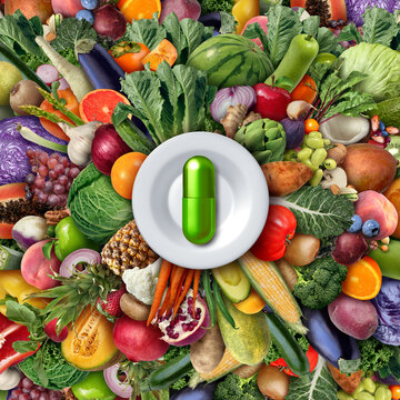 Natural Food Supplement as a multivitamin or Vitamin nutrition and supplements as a capsule with fruit vegetables nuts and beans inside a nutrient pill as a naturally sourced medicine health treatment