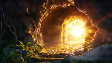 A beautiful depiction of the empty tomb on Easter morning, with the stone rolled away and the first light of dawn illuminating the entrance - obrazy, fototapety, plakaty