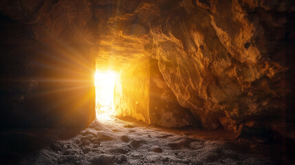 A beautiful depiction of the empty tomb on Easter morning, with the stone rolled away and the first light of dawn illuminating the entrance - obrazy, fototapety, plakaty