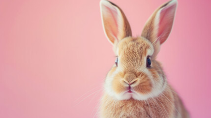 Adorable Bunny on Pink Background, A cute bunny with upright ears on a soft pink background.