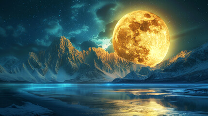 Giant Moon over Snowy Mountains, A surreal landscape featuring a giant moon hovering over snow-covered mountains.