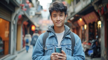 Portrait of a handsome Chinese young man in jeans holding his mobile phone to take pictures for himself, young people like selfie. - Powered by Adobe