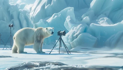 Deurstickers A curious polar bear is seen inspecting a camera mounted on a tripod amidst a stunning icy landscape, creating a surreal and playful scene © Seasonal Wilderness