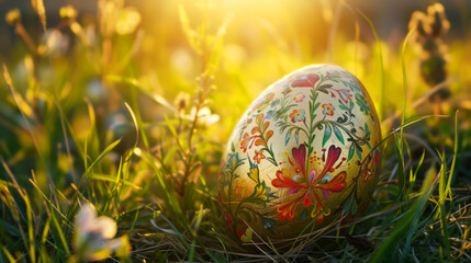 Obraz na płótnie Canvas Hand-Painted Easter Egg in Sunlit Grass, A decorated Easter egg nestled in bright sunlit grass.