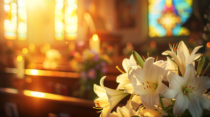 Lilies and Candles in Church at Sunset, Lilies bathed in sunset light inside a church, with stained...