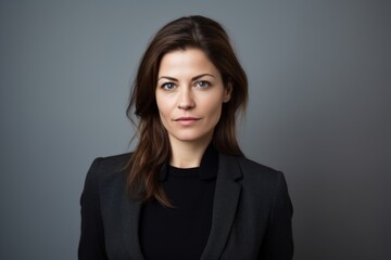 Portrait of a beautiful young business woman looking at camera over gray background