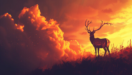 A majestic deer stands in silhouette against a fiery orange sunset, with dramatic sunbeams cutting through the vibrant clouds