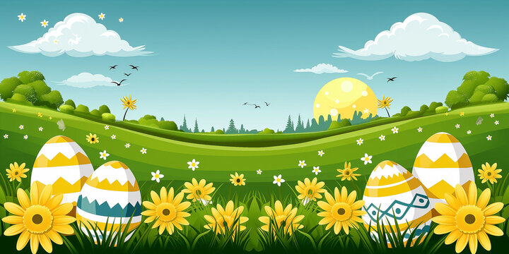 Sunny flower field background image with easter eggs