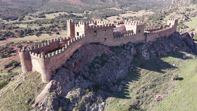 Aerial photo of Castle of Riba de Santiuste. Remains of medieval fortress in Spain.