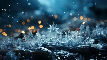The world transformed into a winter paradise, as snow falls gently on the ground. The HD camera focuses on the mesmerizing play of light on each snowflake, creating a mind-blowing view - obrazy, fototapety, plakaty