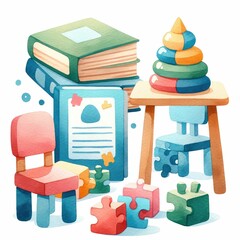 Obraz premium Happy children learning in classroom. Study groups and teamwork. watercolor illustration. back to scchool clipart.